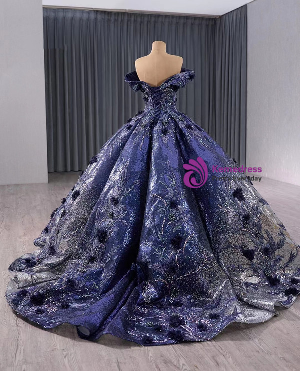 Navy Blue Sequins Appliques Off the Shoulder Prom Dress