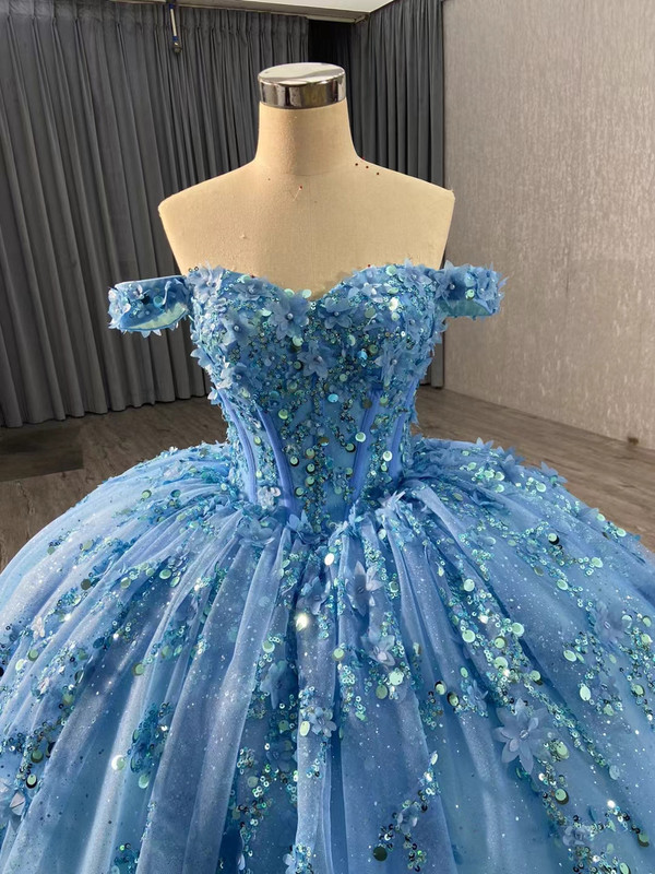 Blue Ball Gown Tulle Sequins Flower Prom Dress