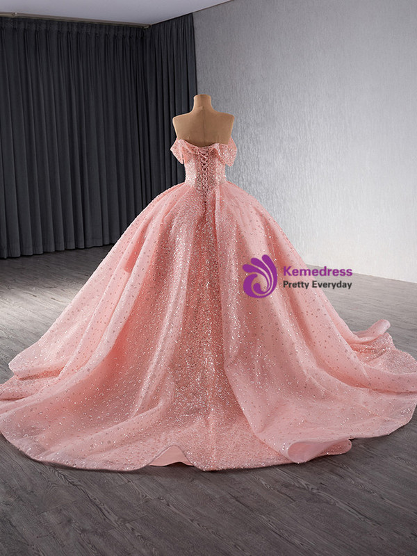 Pink Tulle Sequins Off the Shoulder Prom Dress