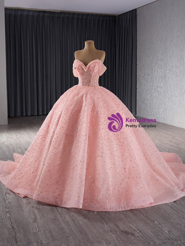 Pink Tulle Sequins Off the Shoulder Prom Dress