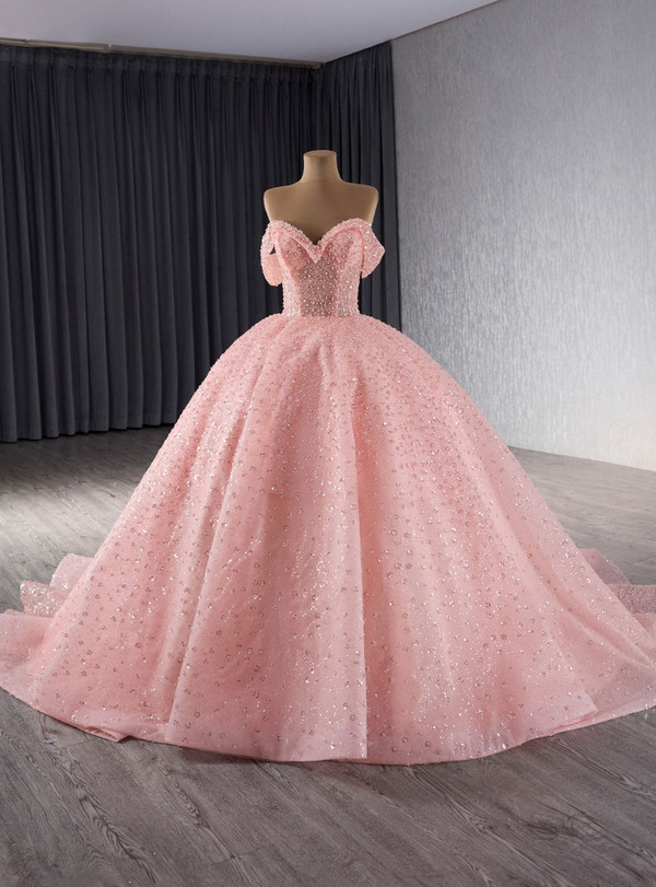 Pink Tulle Sequins Off the Shoulder Prom Dress