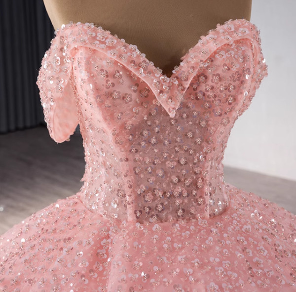 Pink Tulle Sequins Off the Shoulder Prom Dress