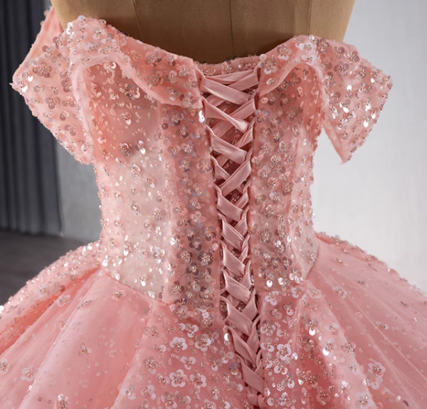 Pink Tulle Sequins Off the Shoulder Prom Dress