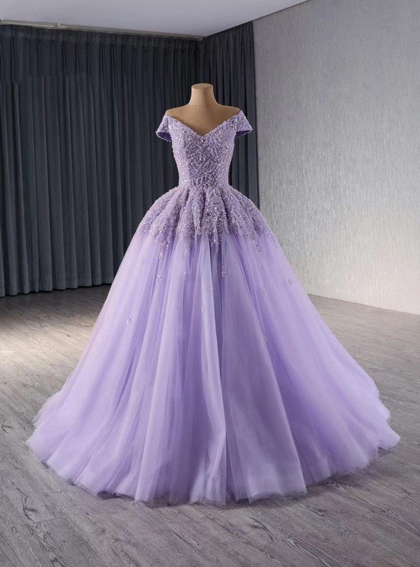 A-Line Lilac Tulle Sequins Off the Shoulder Prom Dress