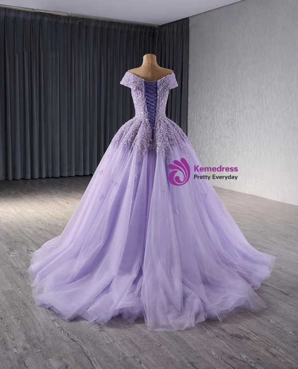 A-Line Lilac Tulle Sequins Off the Shoulder Prom Dress