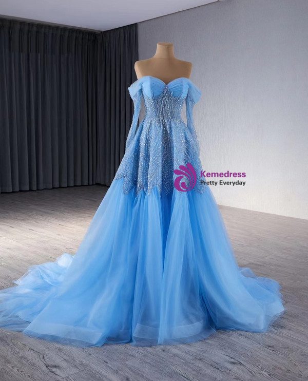 Blue Tulle Off the Shoulder Long Sleeve Sequins Beading Prom Dress