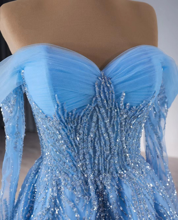 Blue Tulle Off the Shoulder Long Sleeve Sequins Beading Prom Dress