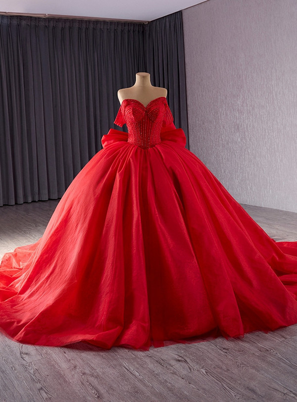Red Ball Gown Tulle Strapless Pearls Prom Dress