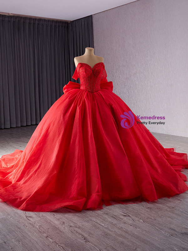 Red Ball Gown Tulle Strapless Pearls Prom Dress