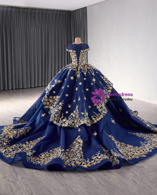 Navy Blue Ball Gown Tulle Sequins Cap Sleeve Prom Dress