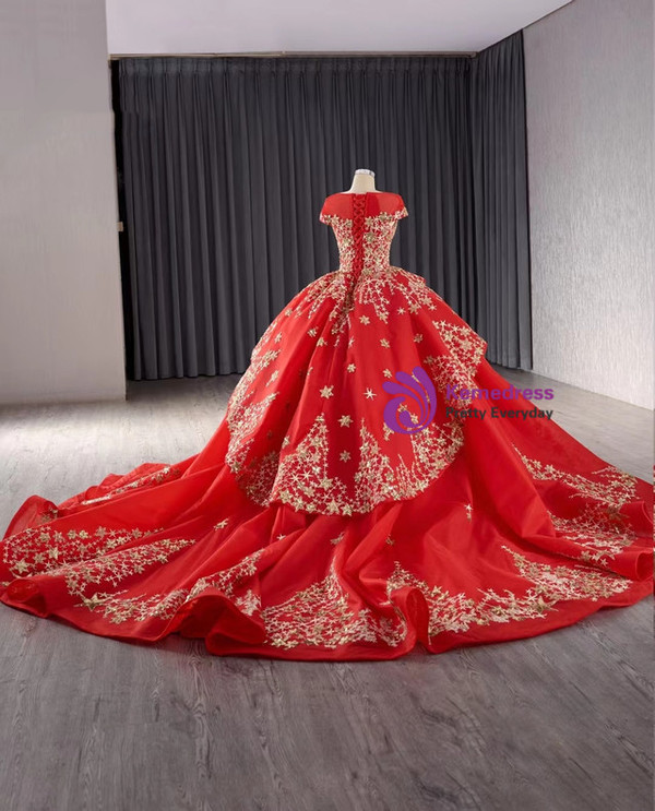 Red Ball Gown Tulle Sequins Cap Sleeve Prom Dress