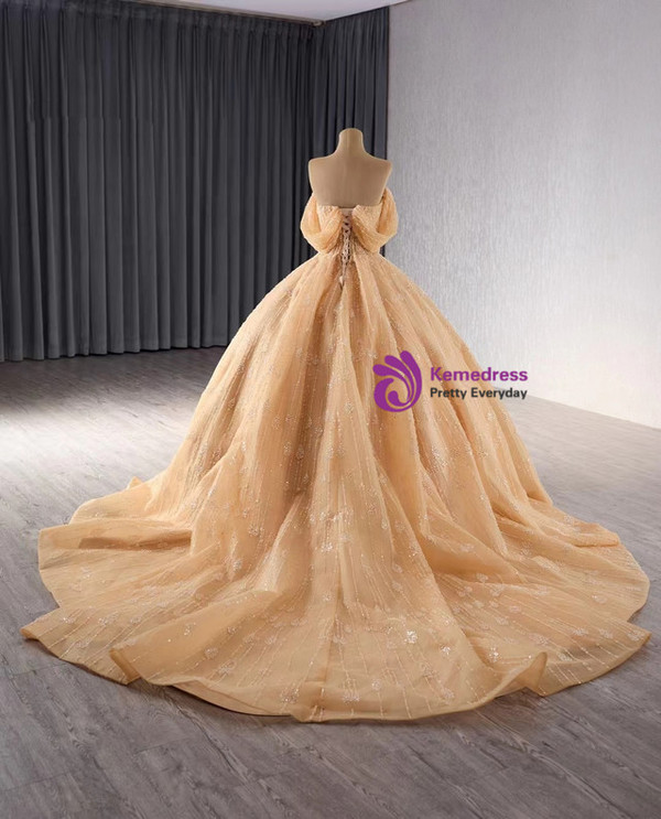 Champagne Tulle Sequins Beading Prom Dress