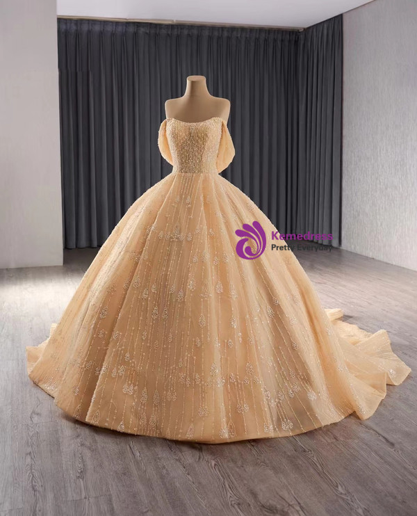 Champagne Tulle Sequins Beading Prom Dress