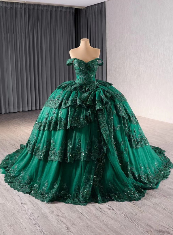 Green Ball Gown Sequins Lace Tiers Prom Dress