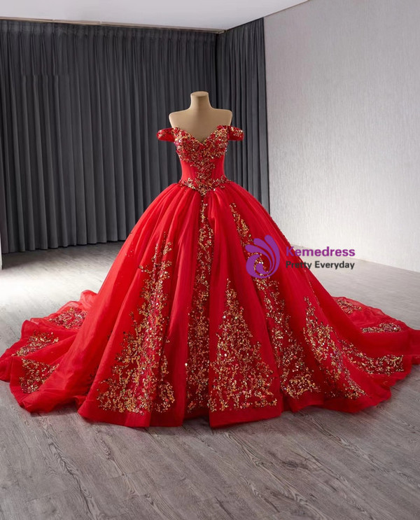 Red Ball Gown Tulle Sequins Off the Shoulder Prom Dress