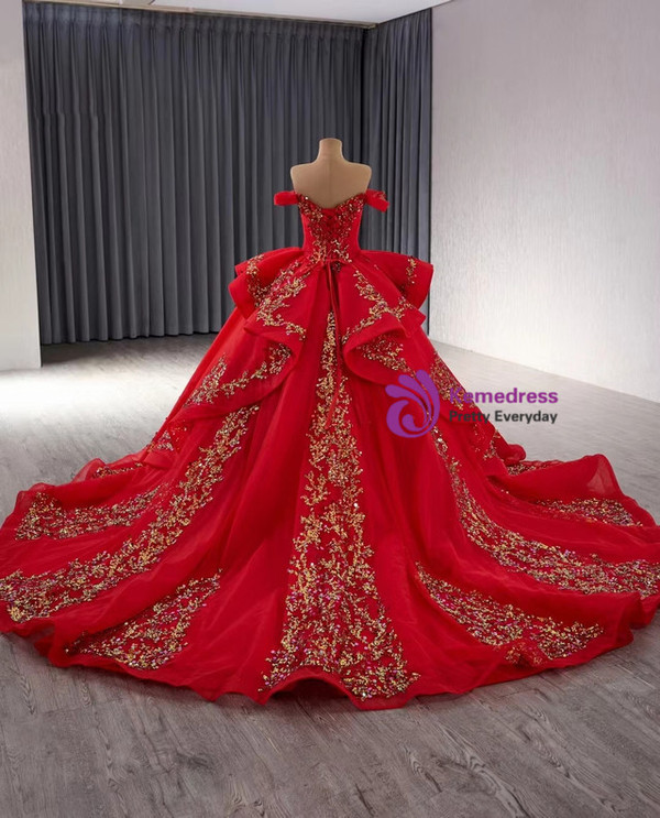 Red Ball Gown Tulle Sequins Off the Shoulder Prom Dress
