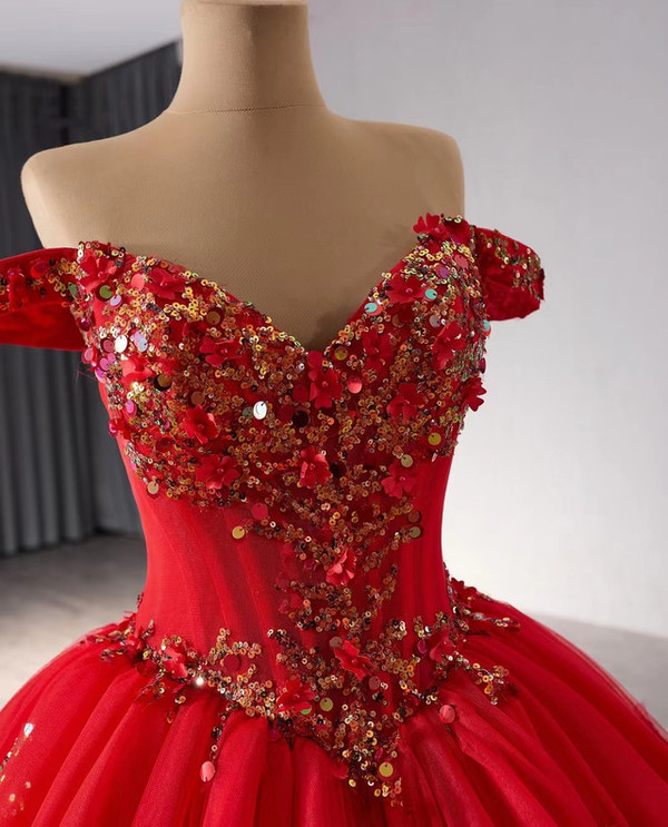 Red Ball Gown Tulle Sequins Off the Shoulder Prom Dress