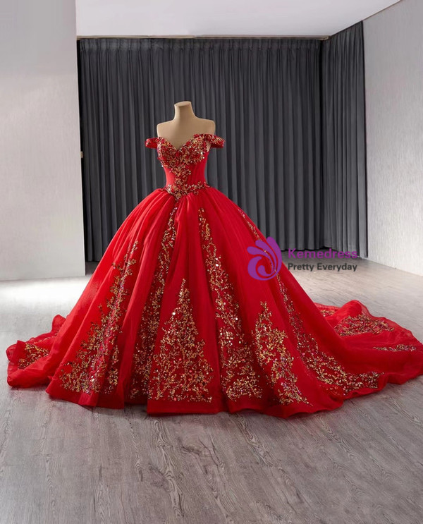 Red Ball Gown Tulle Sequins Off the Shoulder Prom Dress