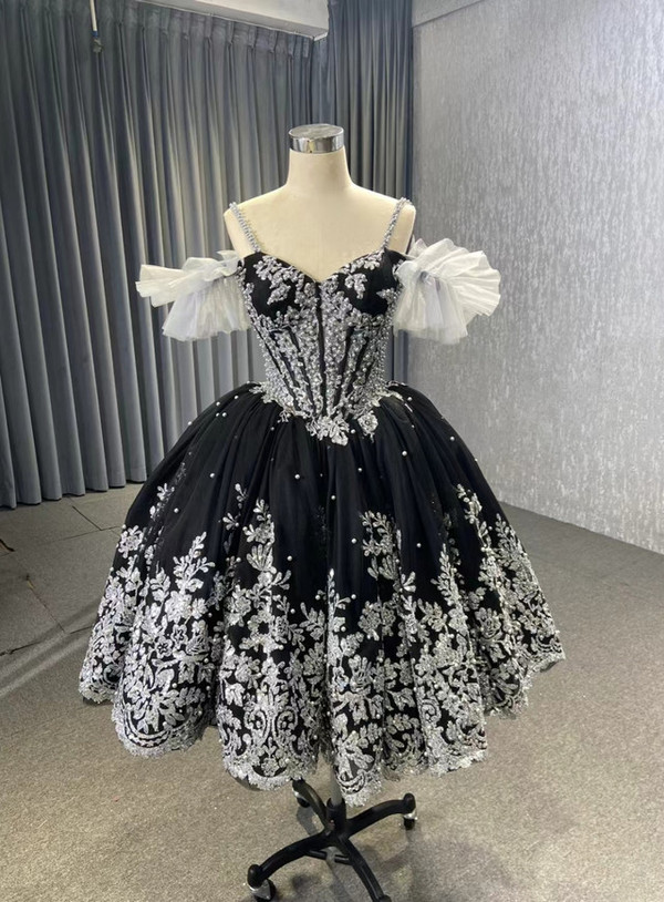 Black Tulle Sequins Appliques Short Prom Dress