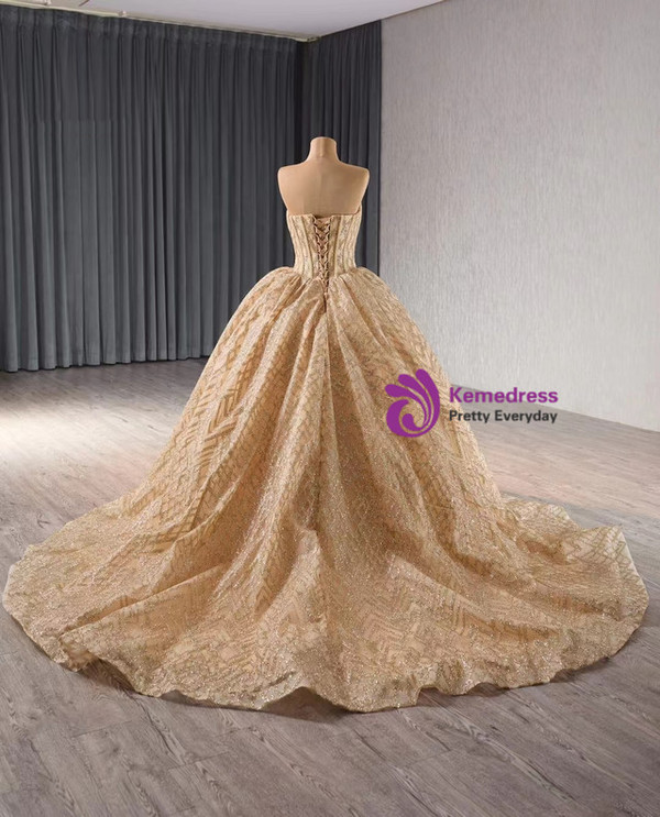 Gold Sequins Strapless Beading Prom Dress