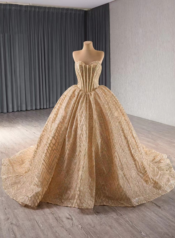 Gold Sequins Strapless Beading Prom Dress