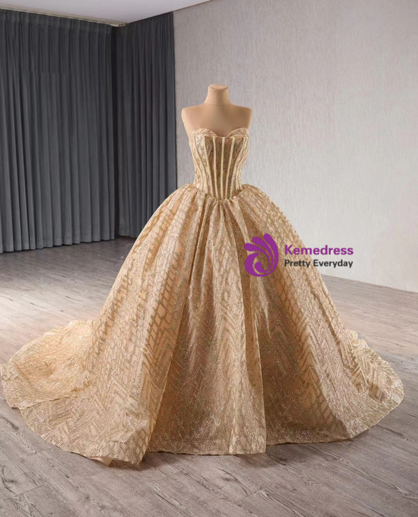 Gold Sequins Strapless Beading Prom Dress