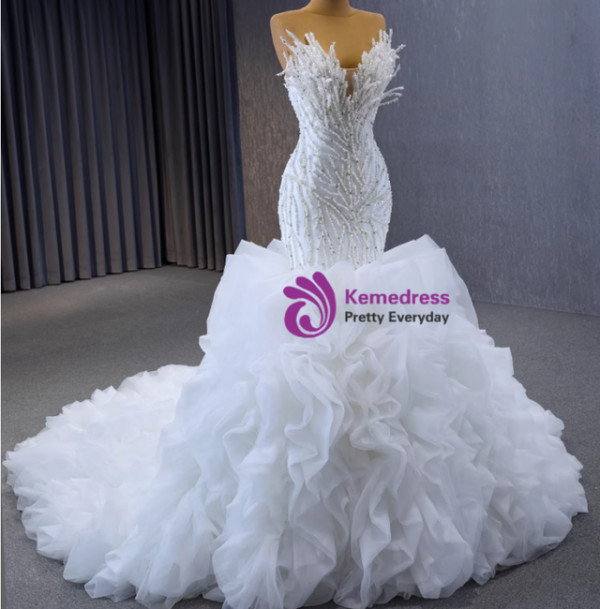 White Mermaid Strapless Beading Pearls Prom Dress