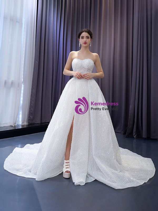 Sexy White Tulle Sweetheart Pearls Wedding Dress