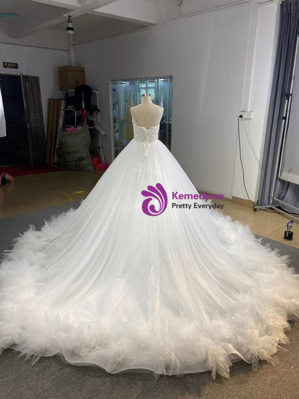 White Tulle Strapless Pearls Beading Wedding Dress