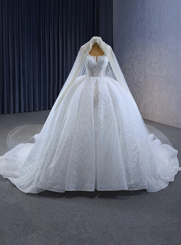 White Ball Gown Sequins Beading Wedding Dress