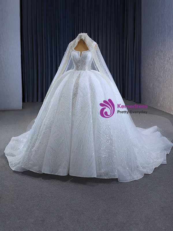 White Ball Gown Sequins Beading Wedding Dress