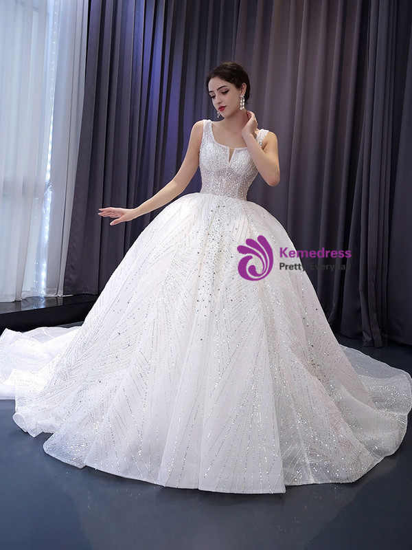 White Ball Gown Sequins Beading Wedding Dress