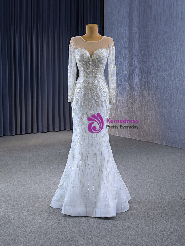 White Tulle Beading Long Sleeve Wedding Dress