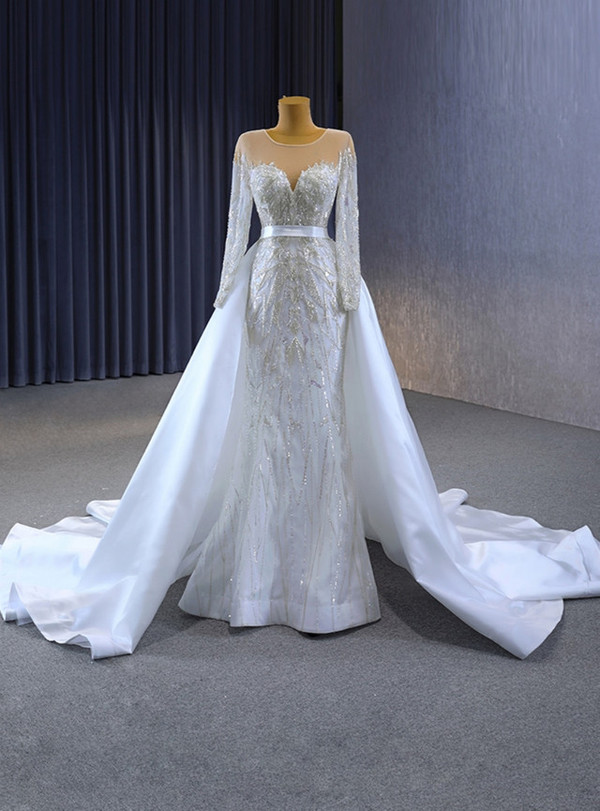 White Tulle Beading Long Sleeve Wedding Dress