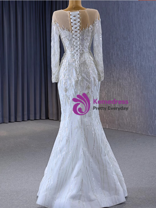 White Tulle Beading Long Sleeve Wedding Dress