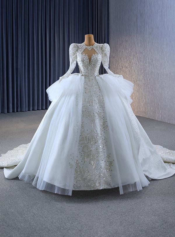 White Long Sleeve Tulle Sequins Beading Wedding Dress