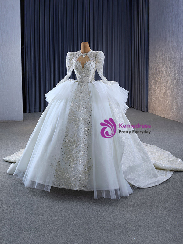 White Long Sleeve Tulle Sequins Beading Wedding Dress
