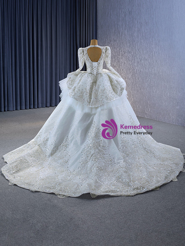 White Long Sleeve Tulle Sequins Beading Wedding Dress