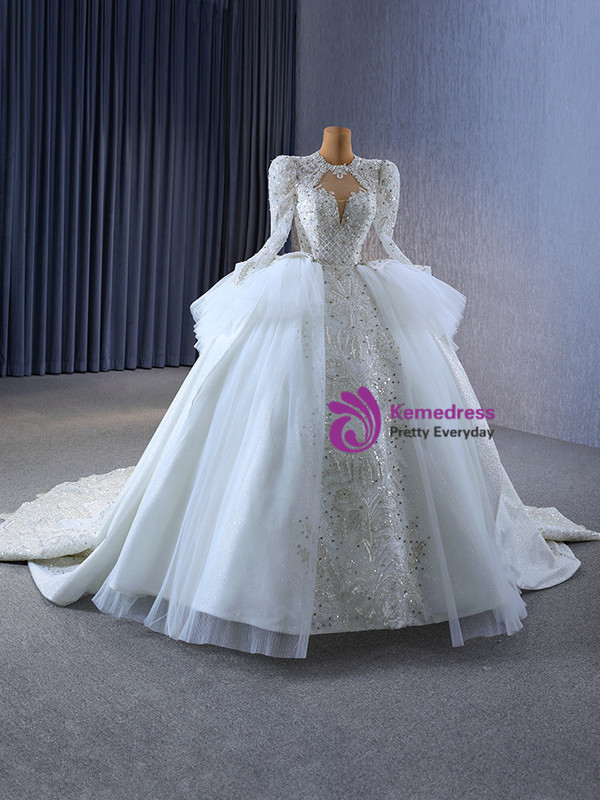White Long Sleeve Tulle Sequins Beading Wedding Dress