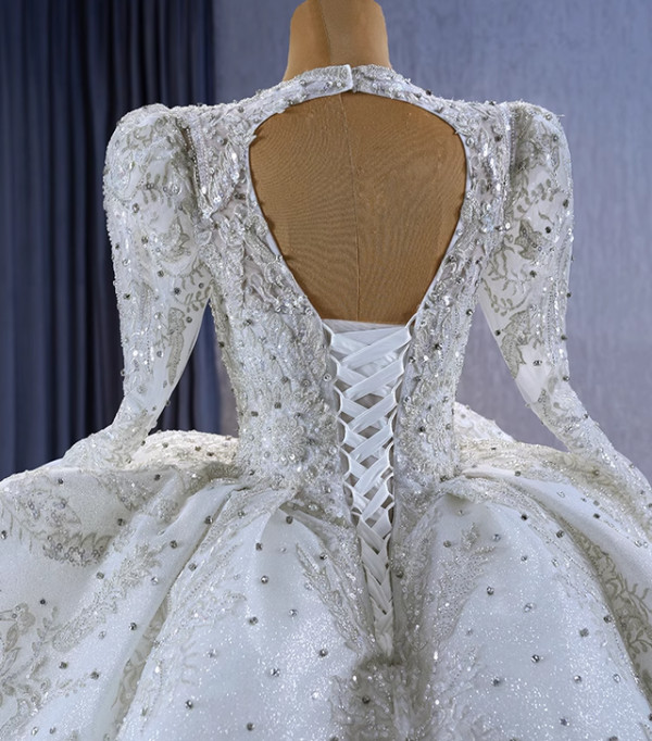 White Long Sleeve Tulle Sequins Beading Wedding Dress