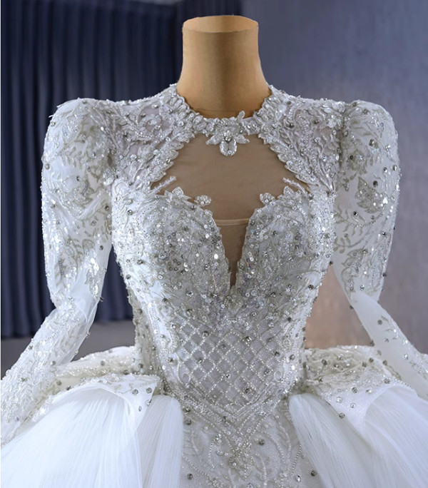 White Long Sleeve Tulle Sequins Beading Wedding Dress