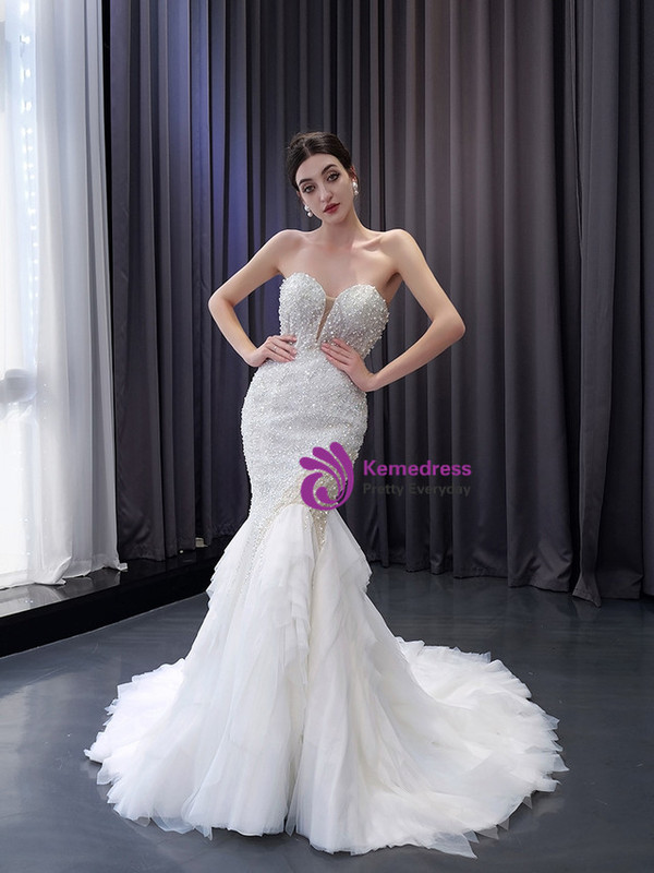 White Mermaid Sequins Pearls Wedding Dress