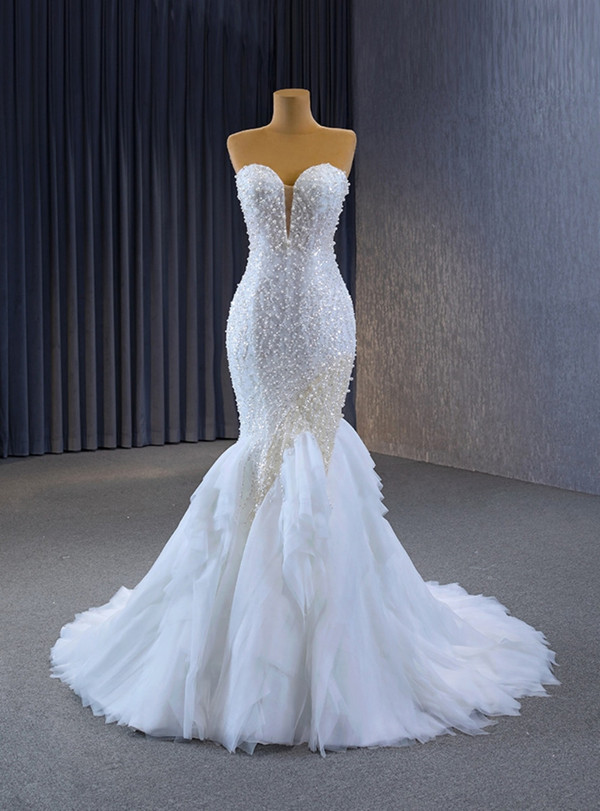 White Mermaid Sequins Pearls Wedding Dress