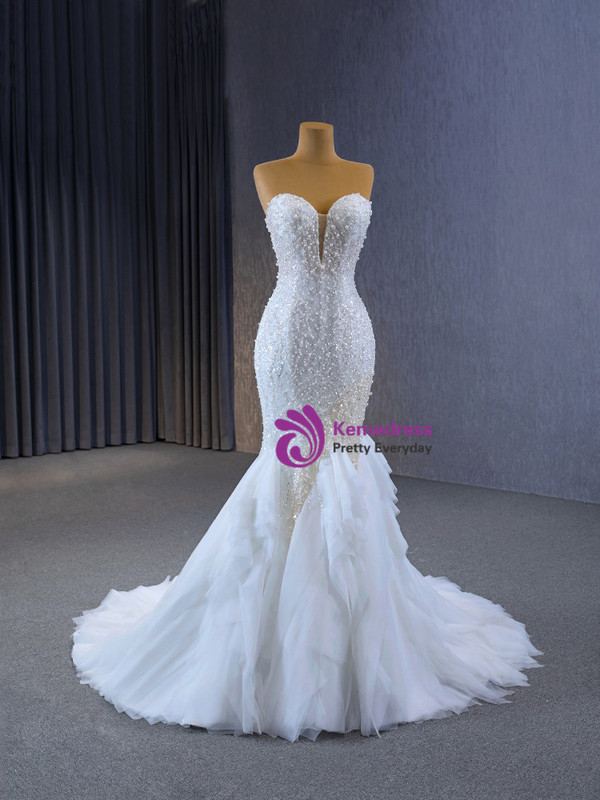 White Mermaid Sequins Pearls Wedding Dress