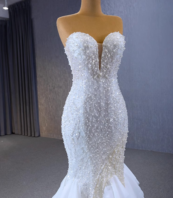White Mermaid Sequins Pearls Wedding Dress