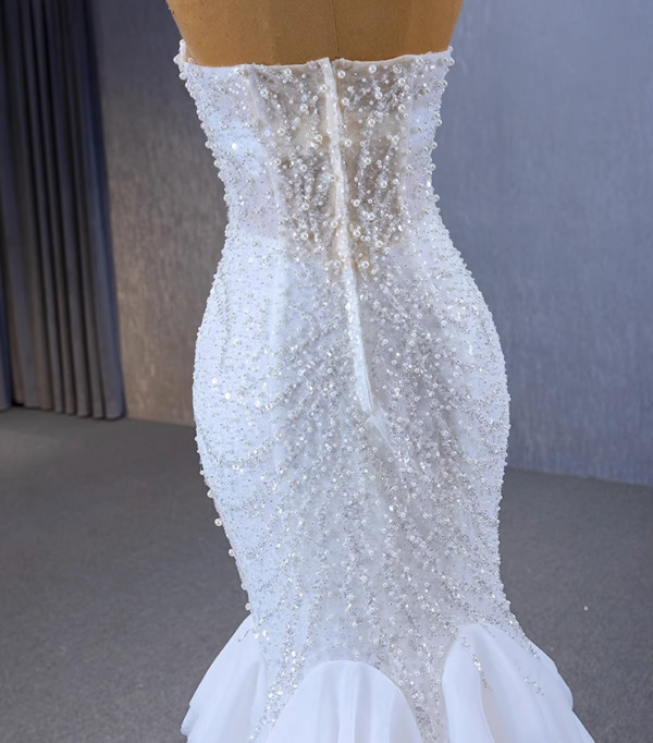 White Mermaid Sequins Pearls Wedding Dress