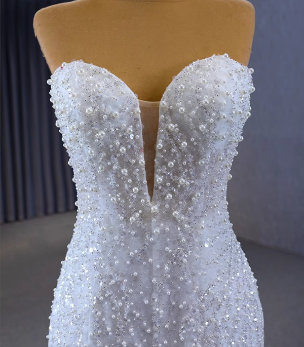 White Mermaid Sequins Pearls Wedding Dress