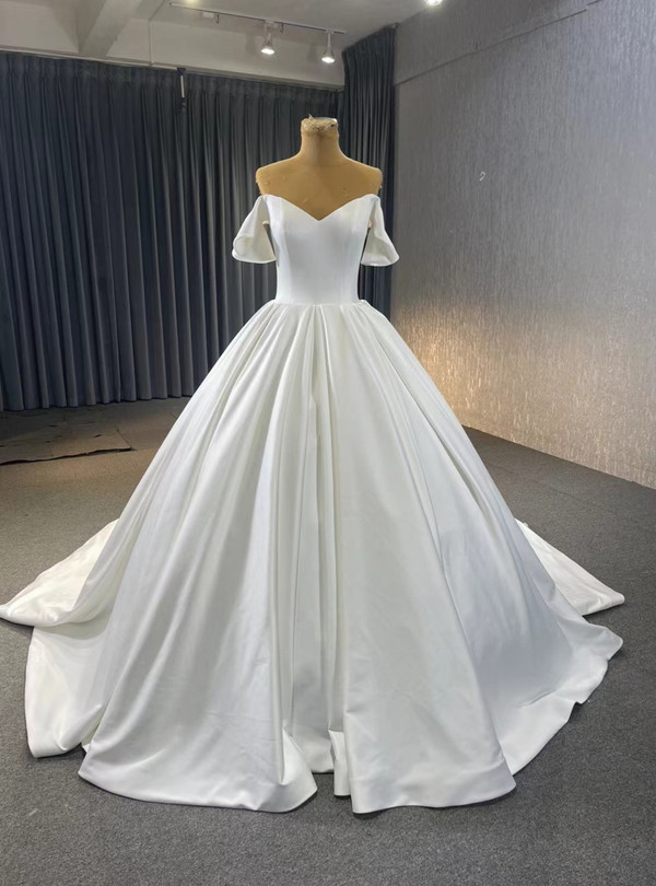White Satin Off the Shoulder Wedding Dress