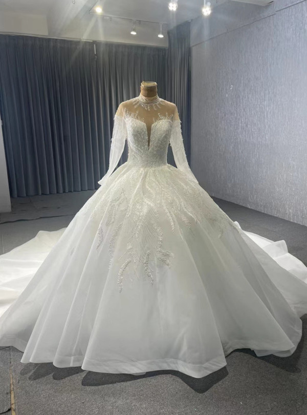 White Tulle Long Sleeve Appliques High Neck Wedding Dress 