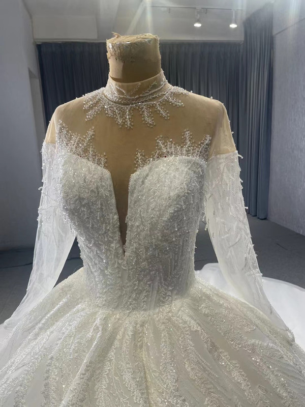 White Tulle Long Sleeve Appliques High Neck Wedding Dress 